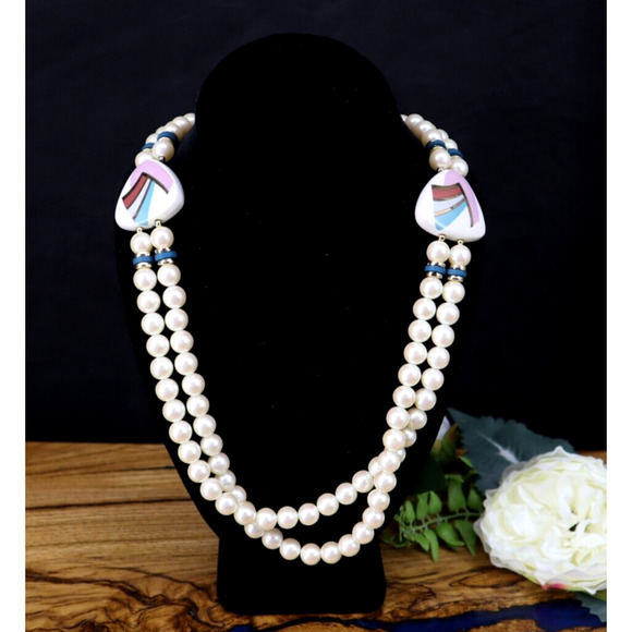 Vintage 80s 90s Faux Pearl Beaded Necklace Retro Double Stranded Accessory - Picture 1 of 6